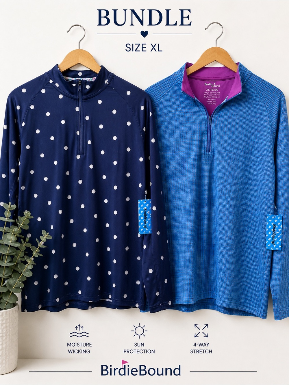 BirdieBound XL NWT Golf Pullover Bundle 2pc BluePink Navy Quarter Zip Athleisure